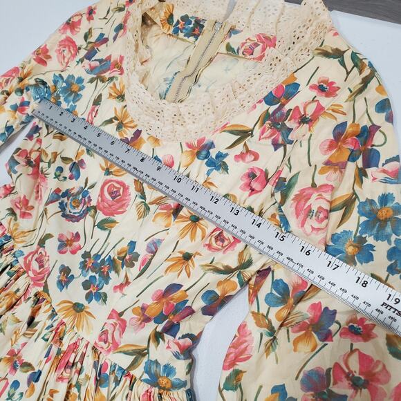 Vintage Floral Prairie Maxi Dress Small Medieval Full Skirt Bell Sleeves Cream - Picture 8 of 11